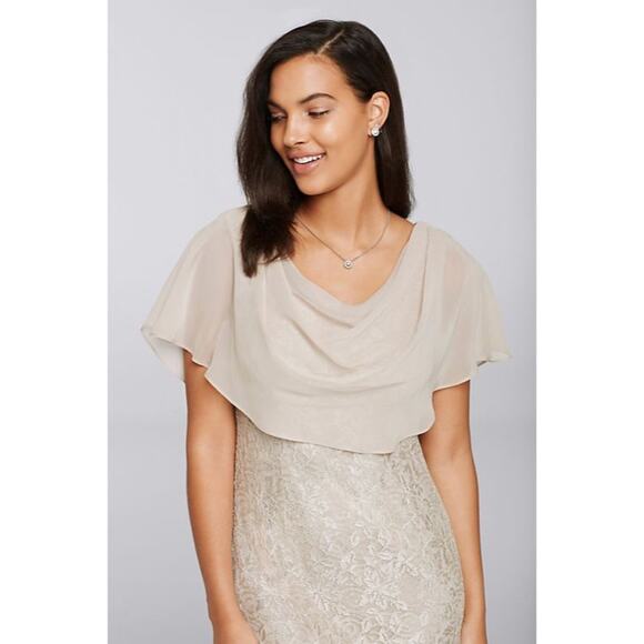 JESSICA HOWARD Short Glitter Lace Dress With Chiffon Capelet In Champagne Sz 12 - Picture 2 of 15